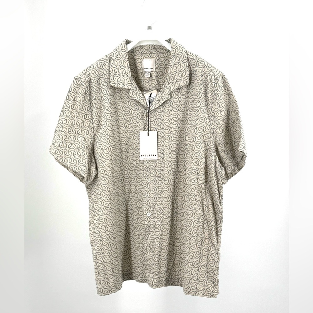 Industry Cotton Linen Blend Cream Blue Geometric Shirt Size XL NWT